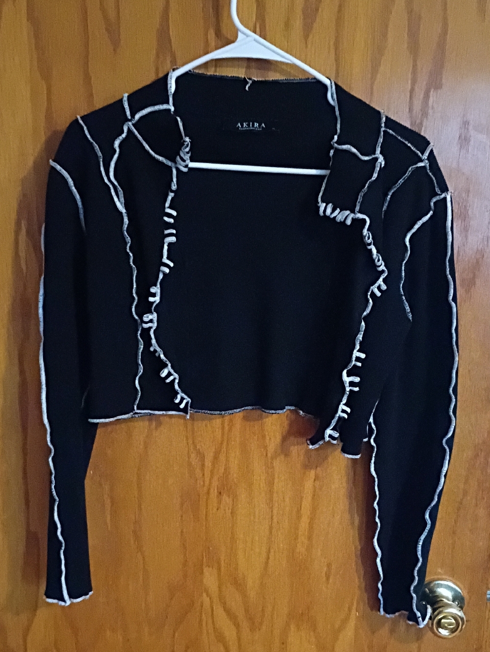 AKIRA Black Cropped Cardigan with White Lettuce Edging